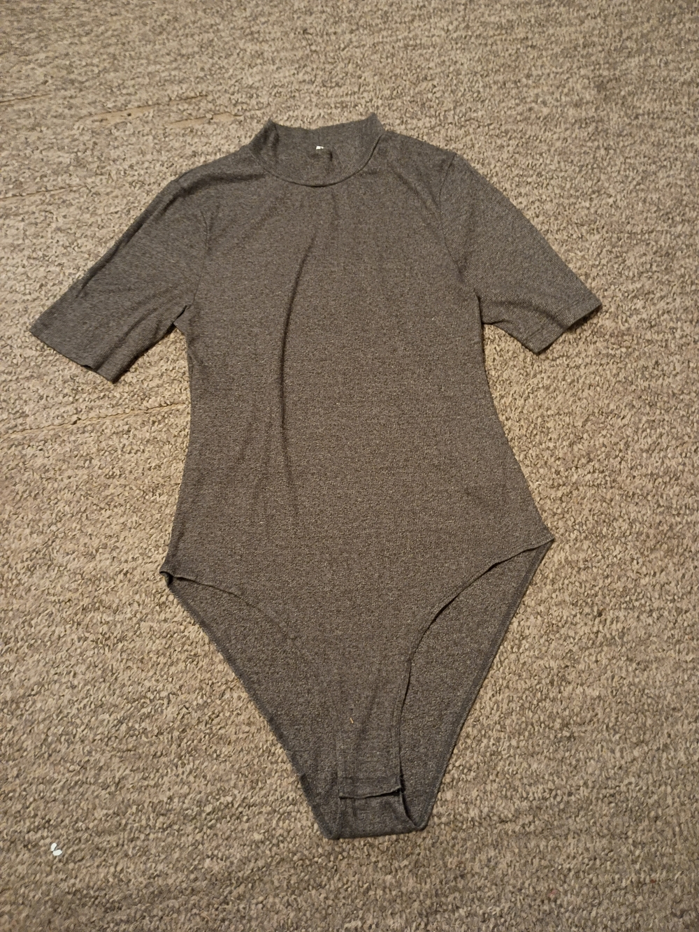 Divided Gray Ribbed  Short Sleeve Mock Neck Bodysuit